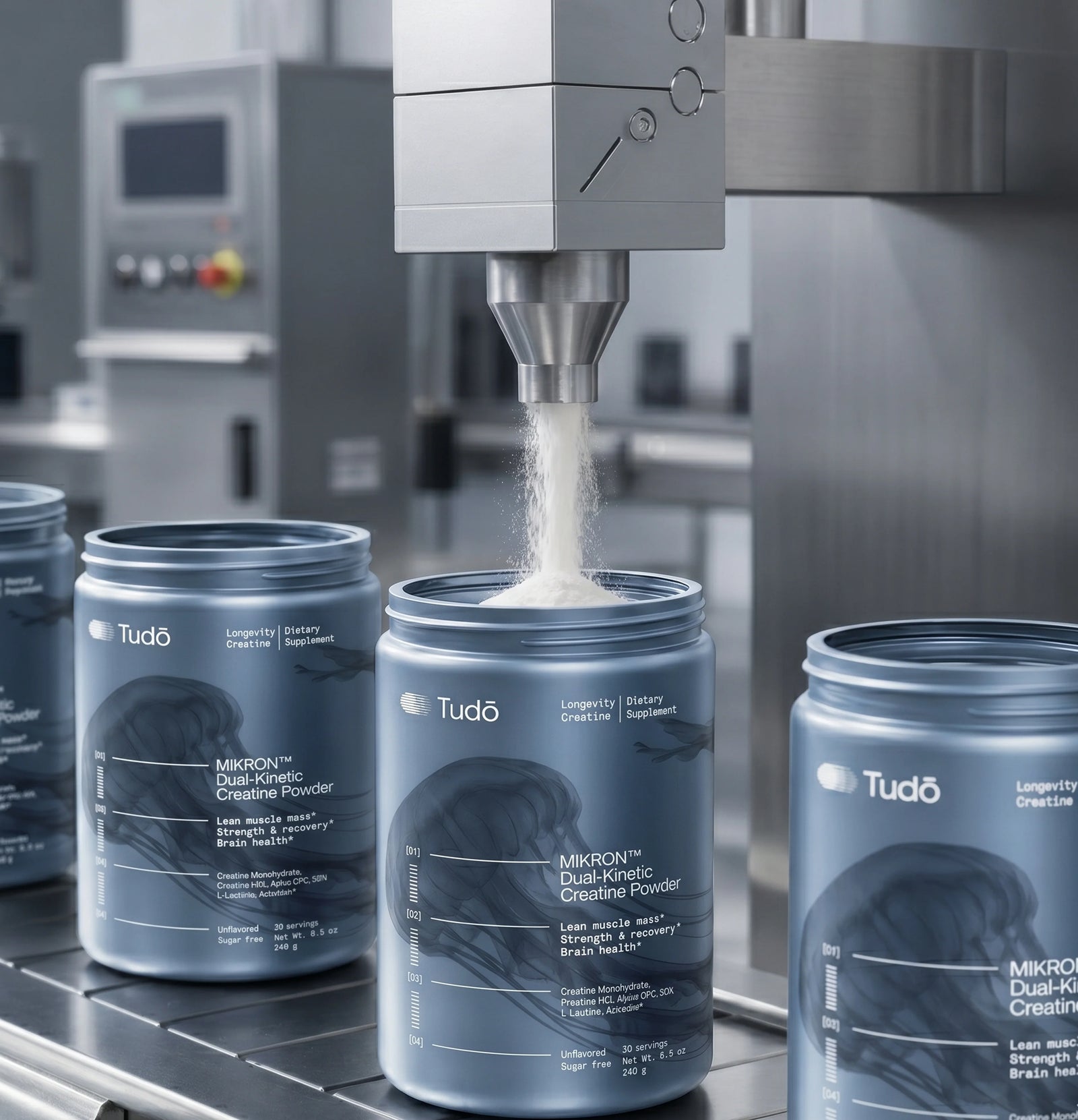 Tudo jars being filled on a cGMP-certified production line