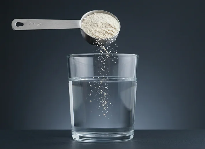 Creatine powder being scooped into a glass of water